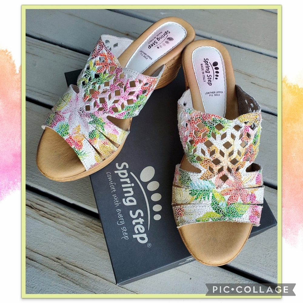 Spring Step Italian Genuine Leather Viniko White Multi Slip-on Wedge Sandals